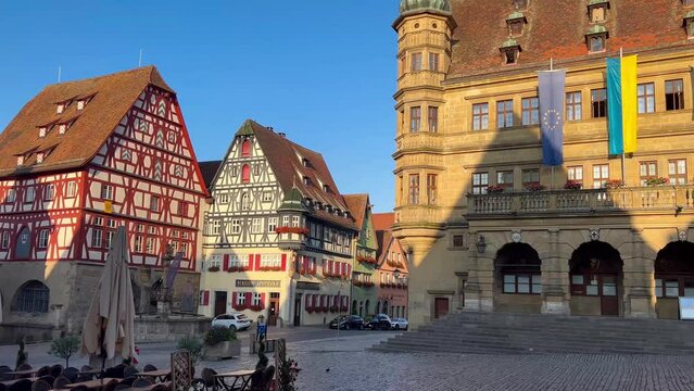 German traditional architecture half-timbered houses in historical center Rothenburg ob der Tauber, Bavaria, Middle Franconia, Germany, July 17, 2023. High quality 4k footage