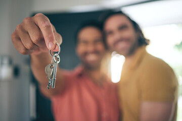 Hand holding, keys and gay couple smile for real estate, success or new home celebration. Property,...