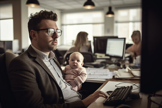 Man Works In An Open Plan Office And Brings His Baby To Work. Family Friendly Concept Of Child Care In Modern Company. Criticism Of The Lack Of Kindergarten Places. Generative AI