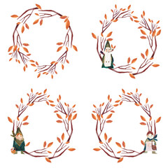 Set of watercolor wreaths with autumn tree wuith orange leaves and gnome. Isolated clipart. Raster illustration for packaging, greeting cards, gifts.