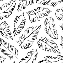 Simple tropical banana leaves seamless pattern. Exotic palm branches. Hand drawn botanical foliage. Vector monochrome simple background with tropical leaves. Botanical texture design in sketch style.