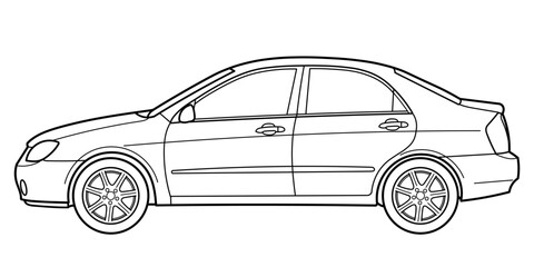 Classic sedan car. Side view shot. Outline doodle vector illustration. Design for print, coloring book	
