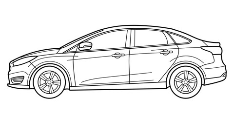 Classic sedan car. Side view shot. Outline doodle vector illustration. Design for print, coloring book	
