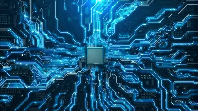 4K Futuristic circuit board Electronic chip printed. Circuit Board CPU Processor Microchip Artificial Intelligence Digitalization Neural Networking Cloud Computing. Digital Lines Data. Technology