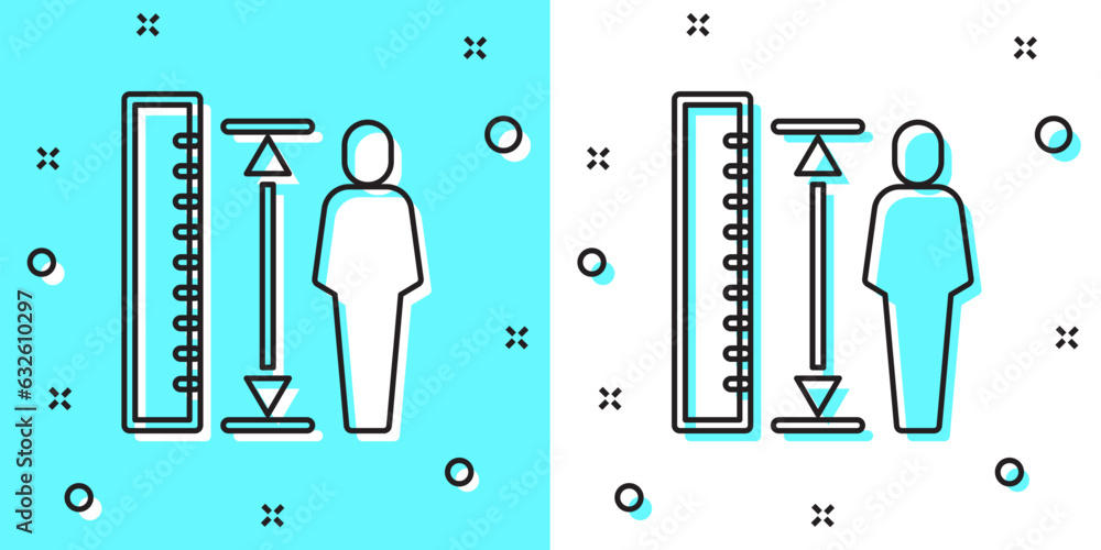 Poster black line measuring height body icon isolated on green and white background. random dynamic shapes.