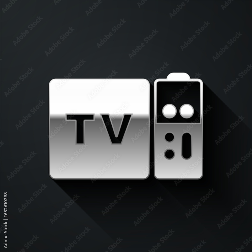 Poster silver multimedia and tv box receiver and player with remote controller icon isolated on black backg