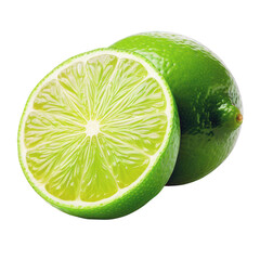 Green unripe lemons or limes, whole and half cut isolated on white transparent background, Ripe sour citrus fruits, PNG,
