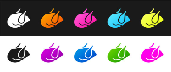 Set Roasted turkey or chicken icon isolated on black and white background. Vector