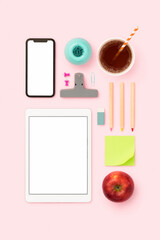Things on my desk flat lay, mobile device mockup with office supplies