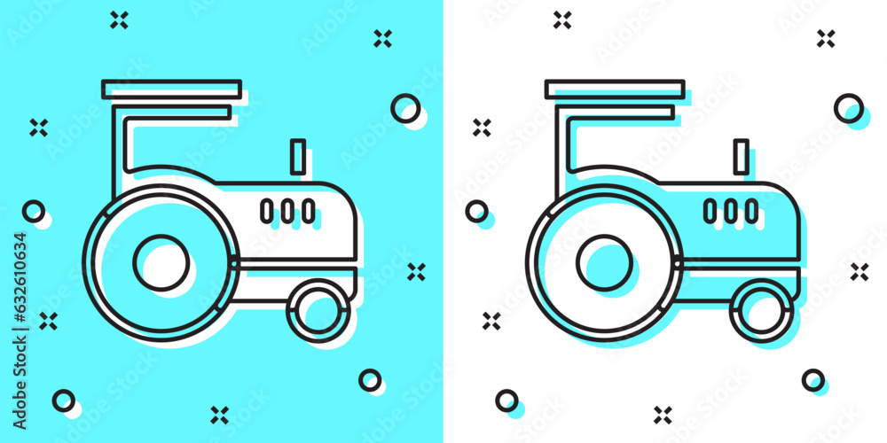 Poster black line tractor icon isolated on green and white background. random dynamic shapes. vector