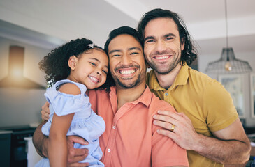 LGBT, portrait and girl child hug parents, happy and smile while enjoying family time in their home...