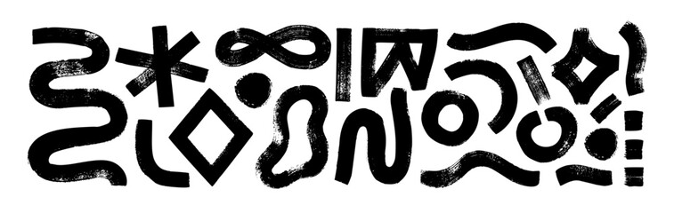 Naive playful abstract shapes in doodle grunge style. Squiggles, circles, asterisk, infinity sign, dots and wavy bold lines. Abstract modern vector illustration with various geometric elements.