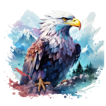 A mythical Eagle t-shirt design featuring an eagle in a dreamlike, ethereal landscape filled with floating islands and celestial phenomena, Generative Ai