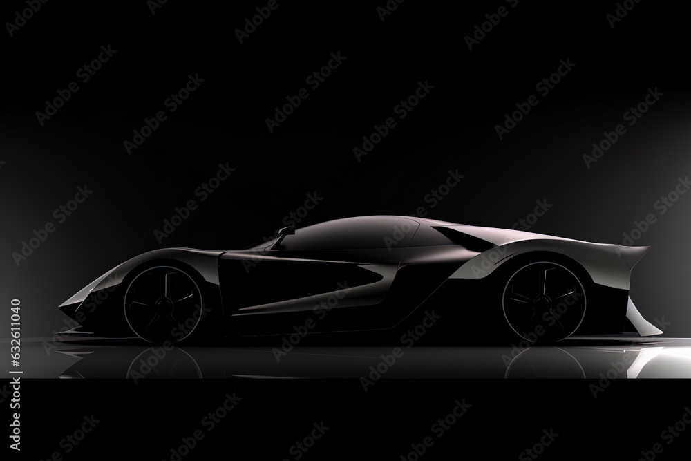 Poster Side view dark silhouette of a modern sport black car isolated on black background