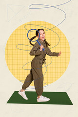 Composite creative collage picture of funny girl preteen walking with loupe magnifying glass...