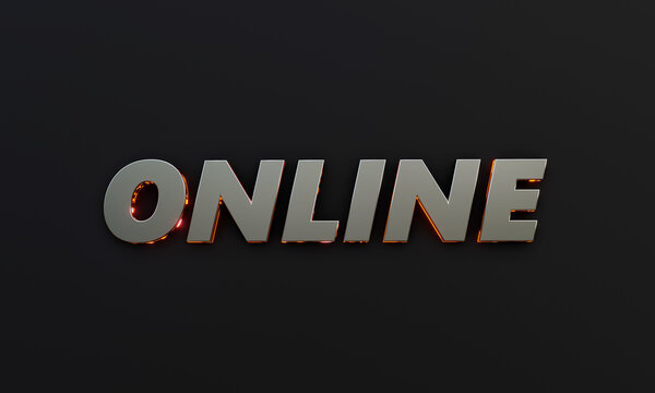 Word "Online" is written on dark background with cinematic and neon text effect. 3D Rendering