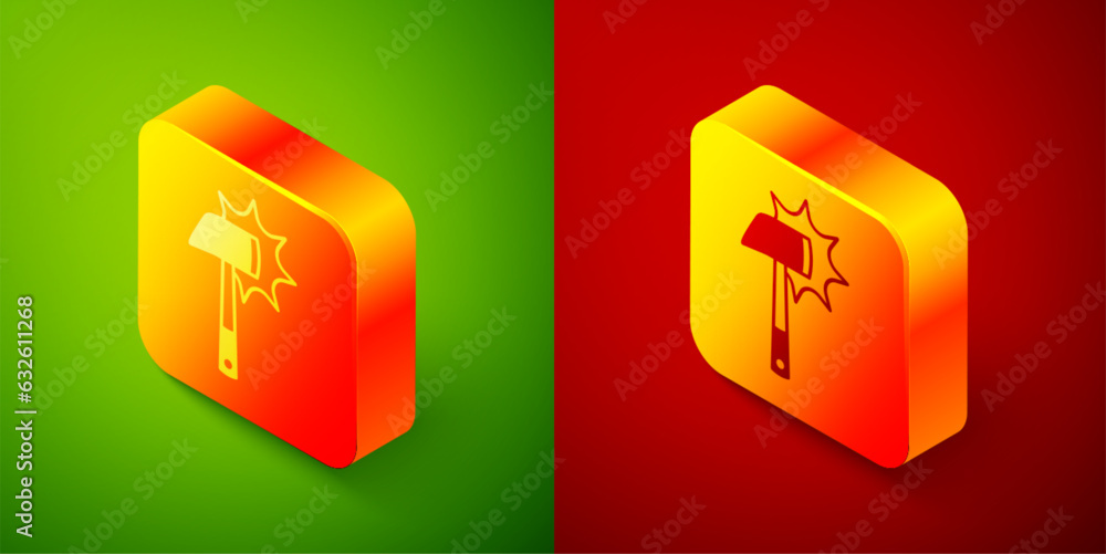 Poster isometric firefighter axe icon isolated on green and red background. fire axe. square button. vector