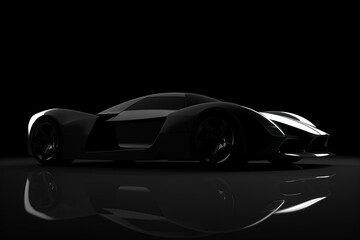 Side view dark silhouette of a modern sport black car isolated on black background