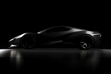 Side view dark silhouette of a modern sport black car isolated on black background