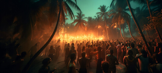 Party people. Goa party with dancig people. Night dance party in a beach among palm trees. Crowd of thousands of people dance. Generative AI - obrazy, fototapety, plakaty