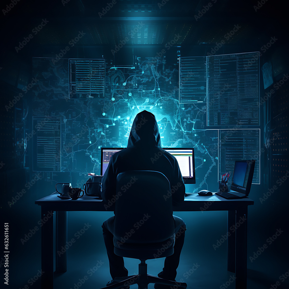 Poster hacker sitting at the computer, cyber security and anti-spyware concept