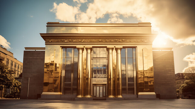 A bank building made of shiny gold, concept for institutional market trading, generative ai