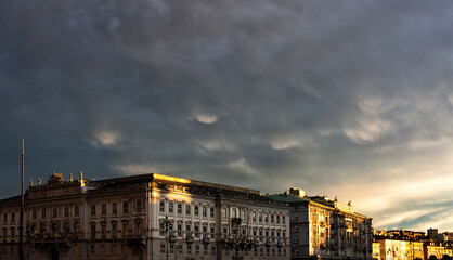 trieste seafront at sunset after heavy rain