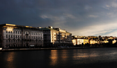 trieste seafront at sunset after heavy rain
