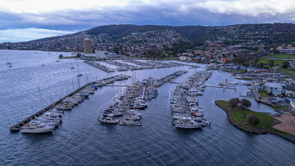 Fototapeta na wymiar Aerial picture of Yachts docked at Sandy Bay Yacht Club in front of Wrest Point