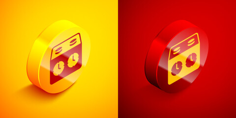 Isometric Time chess clock icon isolated on orange and red background. Sport equipment. Circle button. Vector