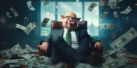 A fat smug businessman with a pig head relaxes in an office while money rains down. Corporate greed, financial collapse, destruction and excess. Fat cats causing a financial crisis, corporate welfare. - obrazy, fototapety, plakaty