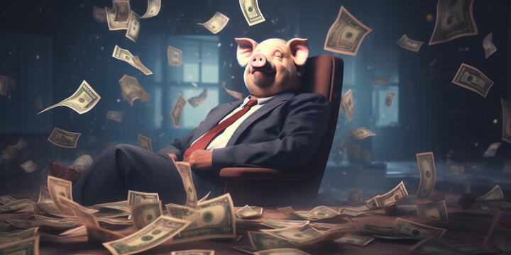 A fat businessman with a pig head sits smugly in an office while money rains down. Corporate greed, financial collapse, destruction and excess. Fat cats causing a financial crisis, corporate welfare.