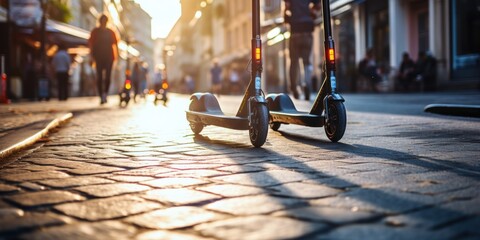electric scooter on the sunlit city street, conceptually showing a shift towards greener modes of transportation. - obrazy, fototapety, plakaty