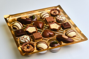 A set of assorted chocolates in box on a bright background for Valentine's Day, mother's day, women's day on white background. sweets, confectionery and food concept