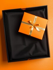 Gift box with golden bow on orange background. Top view.  Generative AI