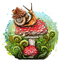 Snail on a mushroom. Wall sticker. Color, artistic illustration of a snail sitting on a mushroom fly agaric in watercolor style. Digital vector graphics.
