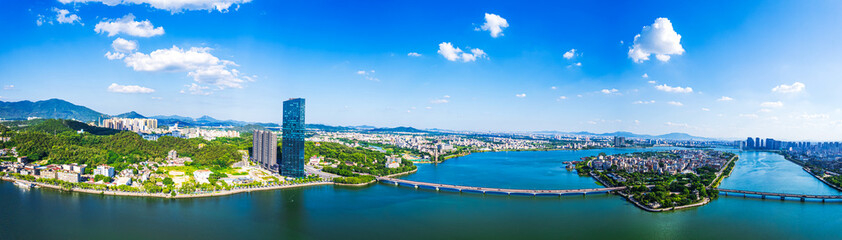 Shantou City, Guangdong Province, China. Chinese translation on the bridge:Shantou Queshi bridge