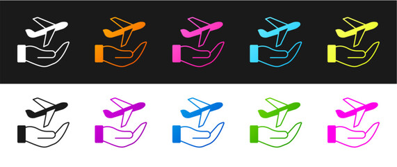 Set Plane in hand icon isolated on black and white background. Flying airplane. Airliner insurance. Security, safety, protection, protect concept. Vector