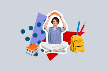 Creative retro collage image of smiling happy lady enjoying reading stories isolated grey color...