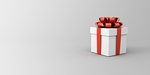White present box with red ribbon and bow or white gift box isolated on grey background with blank gradient space minimal concept 3D rendering