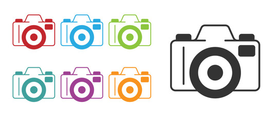 Black Photo camera icon isolated on white background. Foto camera. Digital photography. Set icons colorful. Vector