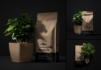 Coffee Packaging Mockup with Arabica Tree. Gusset Pouch