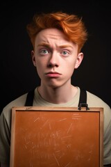 a young man with a blank slate on his face and looking confused - obrazy, fototapety, plakaty