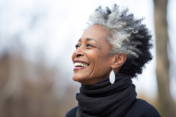 Portrait profile stylish elegant senior african american happy woman looking away outdoors - Powered by Adobe