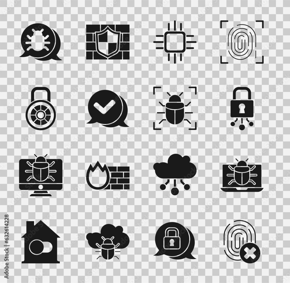 Poster set cancelled fingerprint, system bug on monitor, cyber security, processor with microcircuits cpu, 