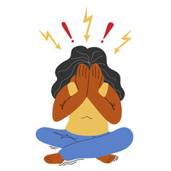 Depressed woman sitting and cover her face with hands. Concept of mental disorder, sorrow and depression. Physical and emotional violence against women. Mental health. Vector illustration.