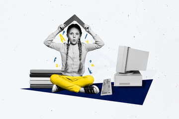 Creative composite photo collage of funny small schoolgirl sit near computer hold book over head...