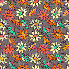 Seamless pattern with retro flowers. 70s style colorful floral background
