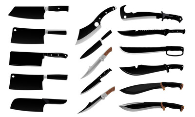 knife icons set - vector realistic different kitchen knives closeup isolated on transparent background. Knife png. Kitchen appliances png.