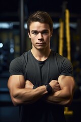 Fototapeta na wymiar portrait of a fit young man standing with his arms crossed in crossfit gym
